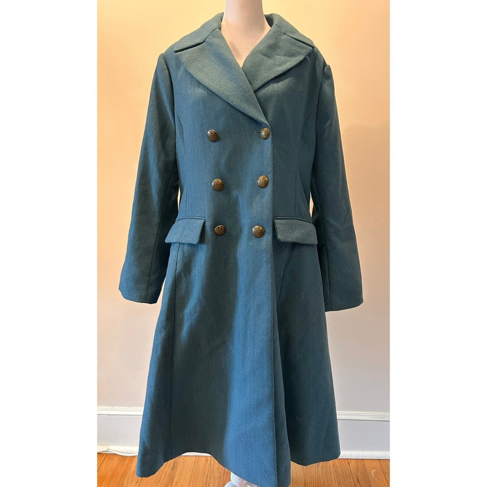 Sundance Double Breasted Peacoat Teal Herringbone Paisley Lined Gold Button PXL‎